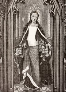 St. Ursula met een pijl, het symbool van haar martelaarschap, en beschermt maagden onder haar mantel, uit 